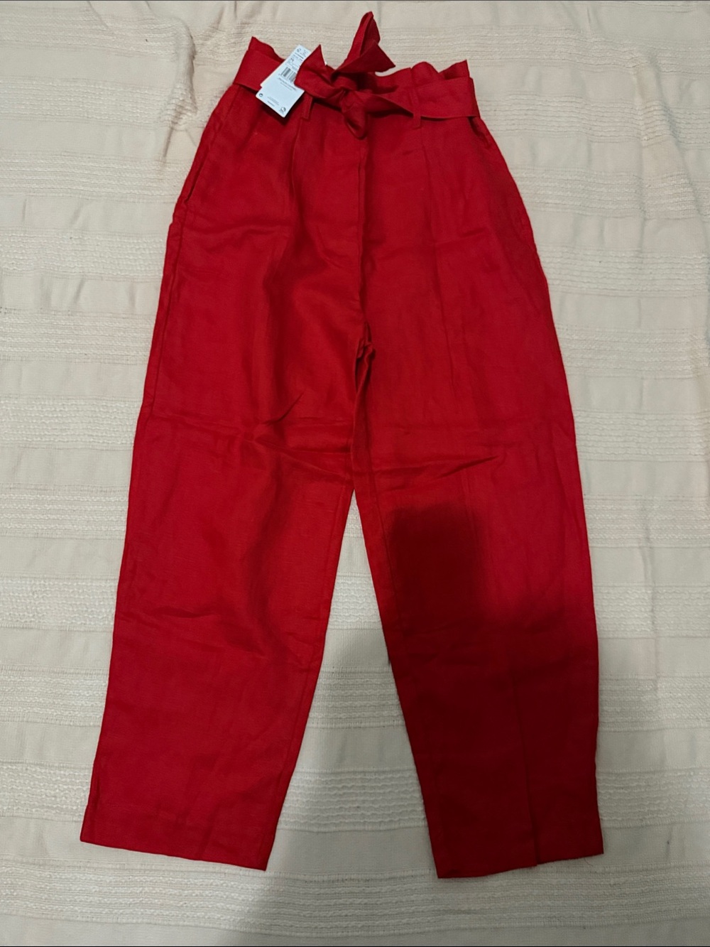 Mango Red High-Waist Paperbag Tie Ankle Pants